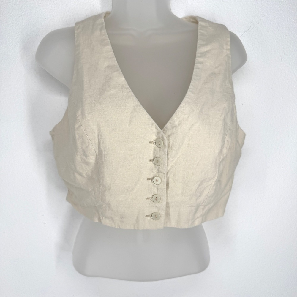 Linen Blend Cropped Button Vest Womens Size 8 Tan Victorian Edwardian Ren Faire